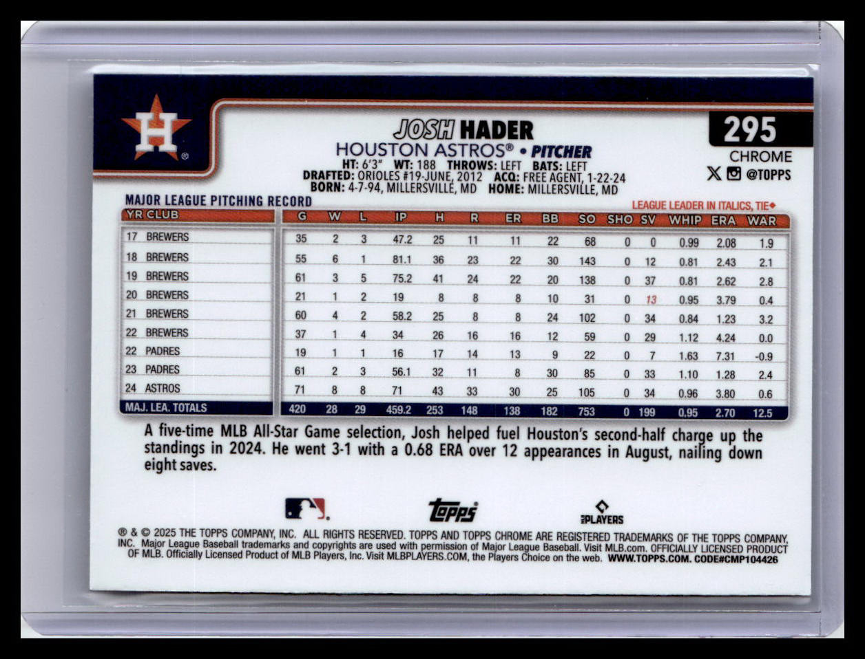 2025 Topps Chrome #295 Josh Hader