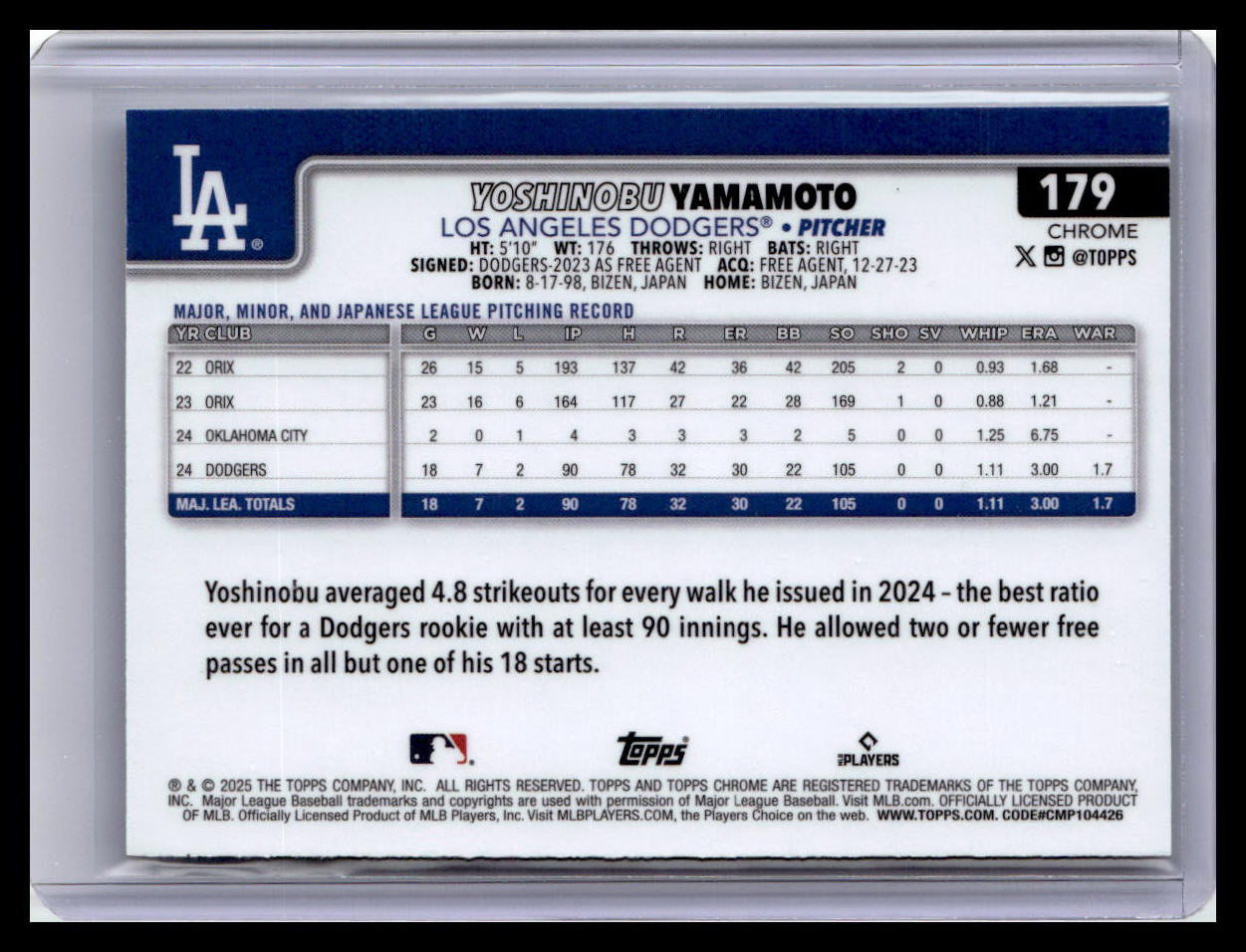 2025 Topps Chrome #179 Yoshinobu Yamamoto