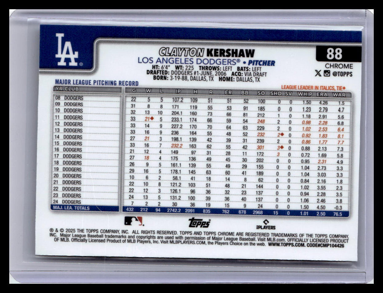2025 Topps Chrome #88 Clayton Kershaw