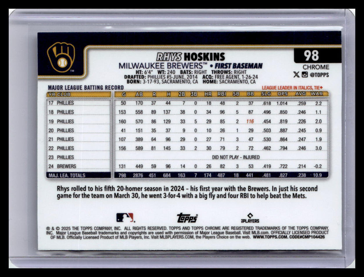 2025 Topps Chrome #98 Rhys Hoskins