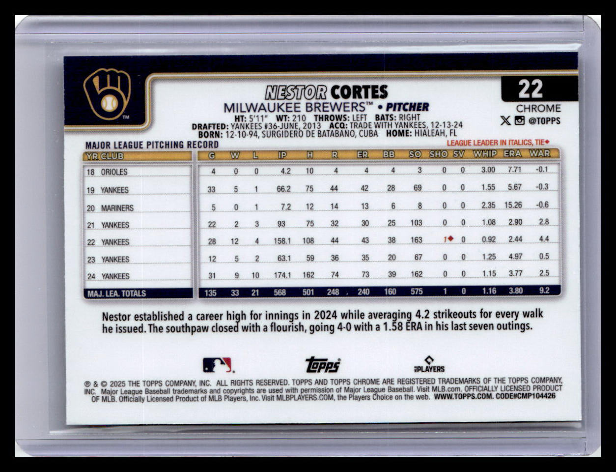 2025 Topps Chrome #22 Nestor Cortes