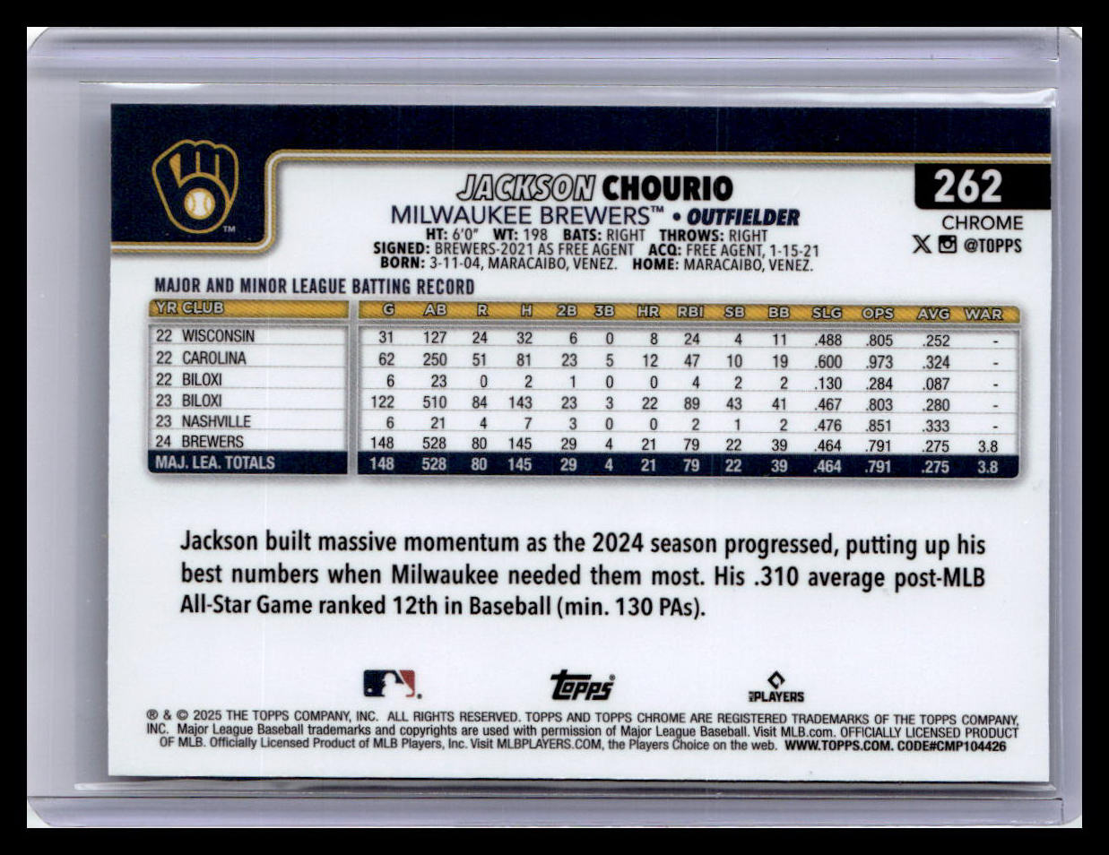 2025 Topps Chrome #262 Jackson Chourio