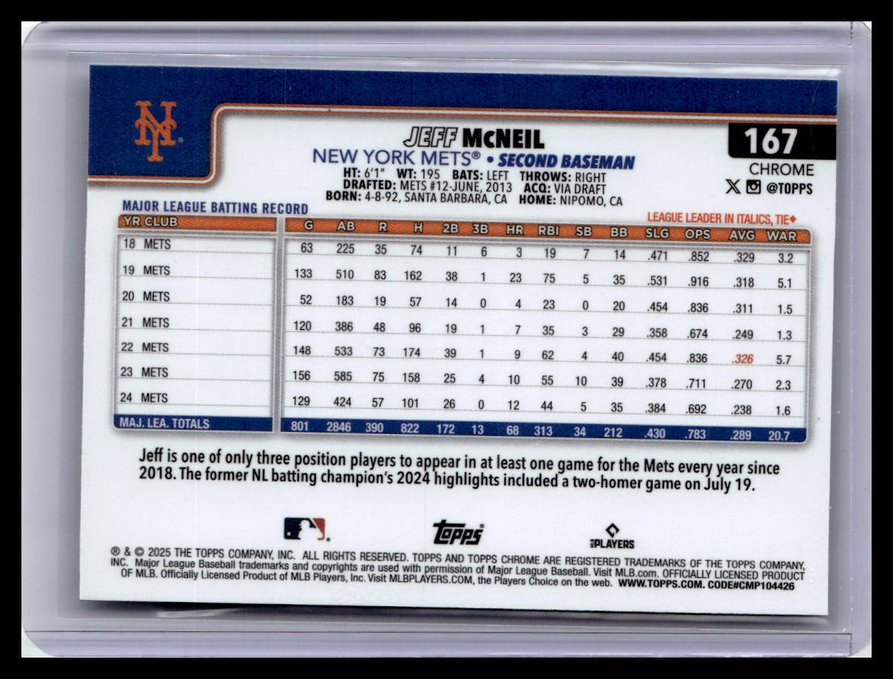 2025 Topps Chrome #167 Jeff McNeil