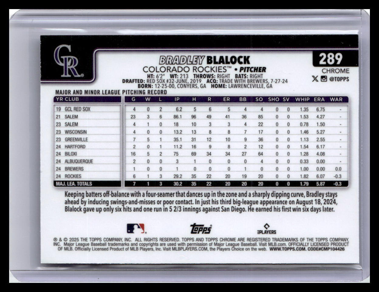 2025 Topps Chrome #289 Bradley Blalock
