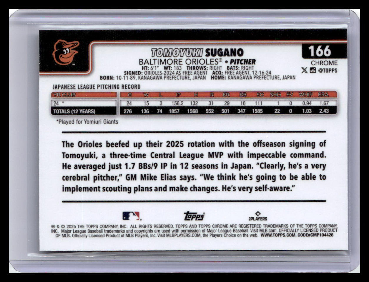 2025 Topps Chrome #166 Tomoyuki Sugano