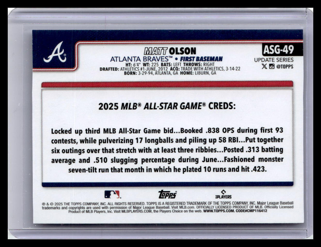 2025 Topps Update #ASG-49 Matt Olson 2025 All-Star Game