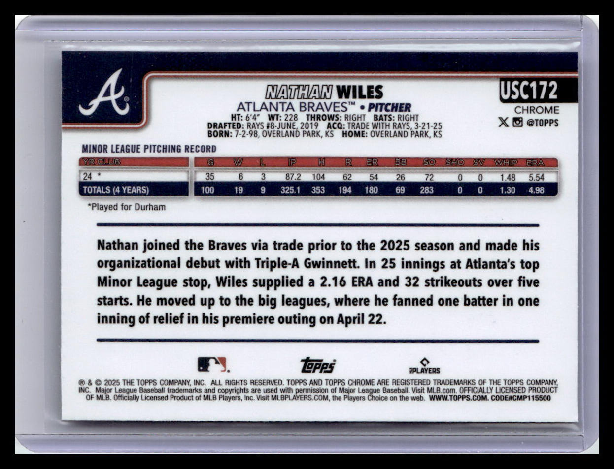 2025 Topps Chrome Update #USC172 Nathan Wiles