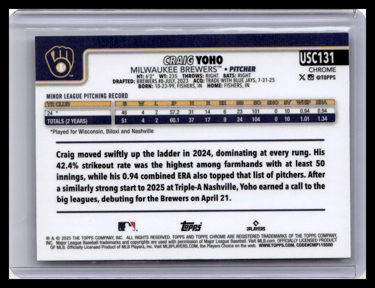 2025 Topps Chrome Update #USC131 Craig Yoho