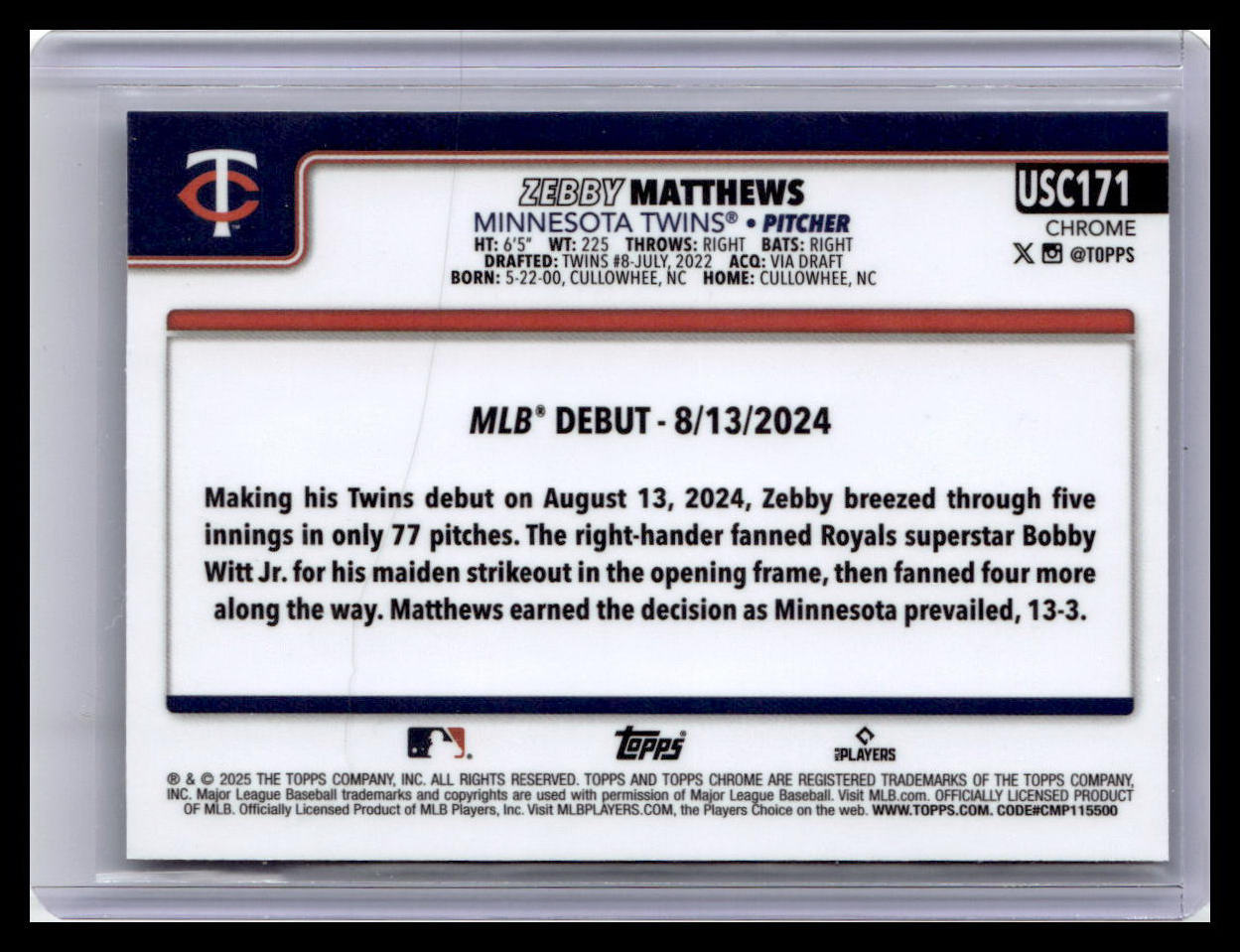 2025 Topps Chrome Update #USC171 Zebby Matthews