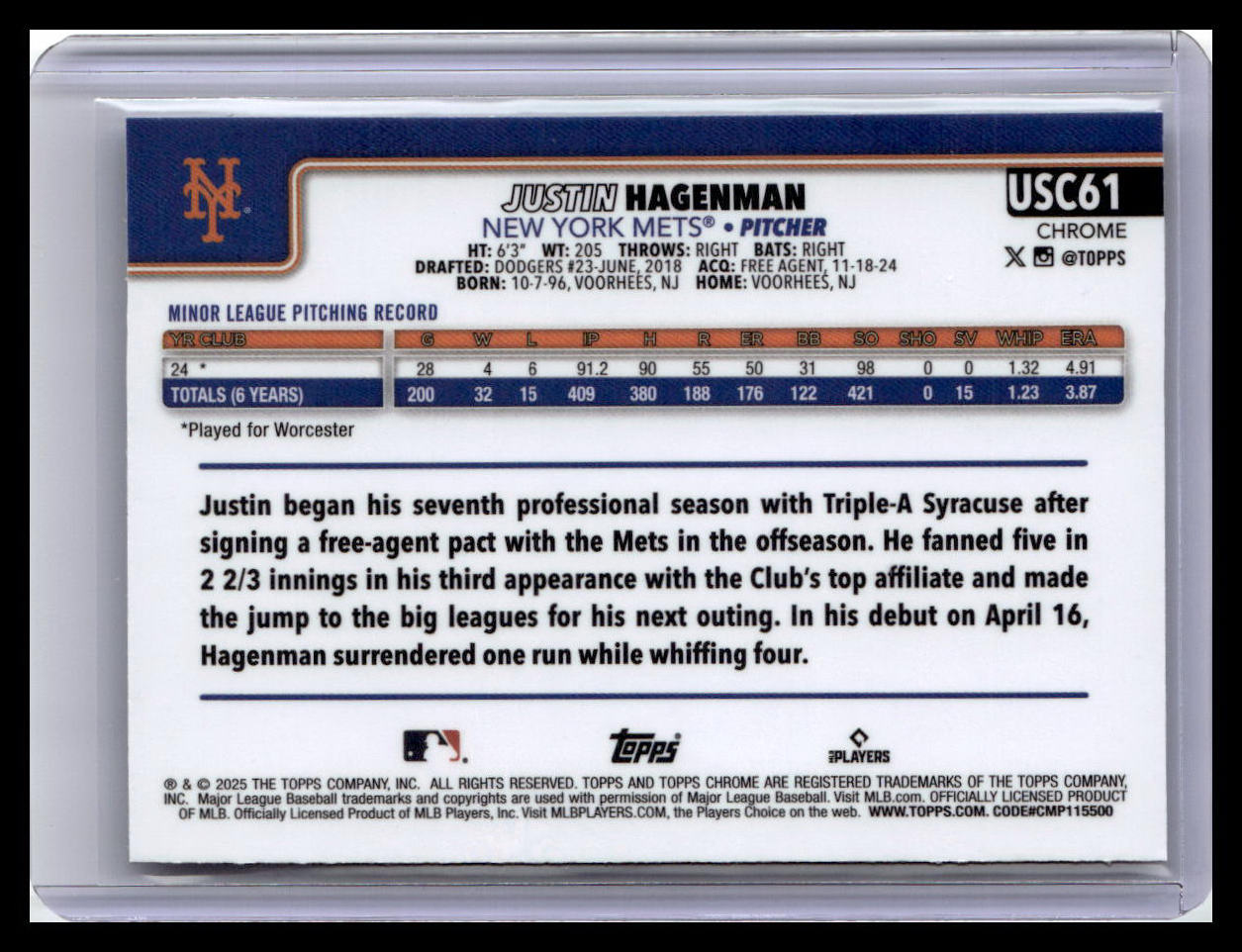 2025 Topps Chrome Update #USC61 Justin Hagenman