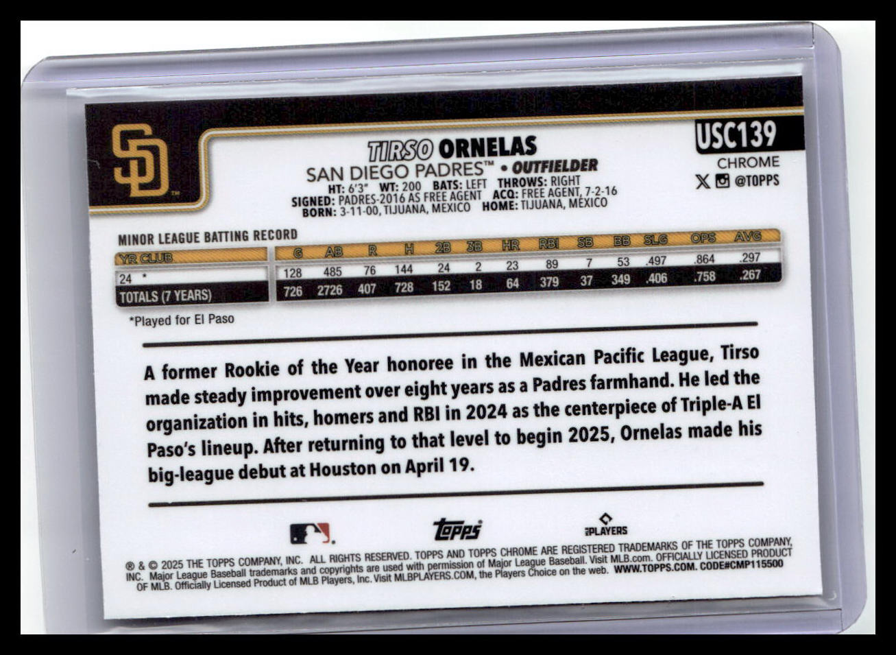 2025 Topps Chrome Update #USC139 Tirso Ornelas