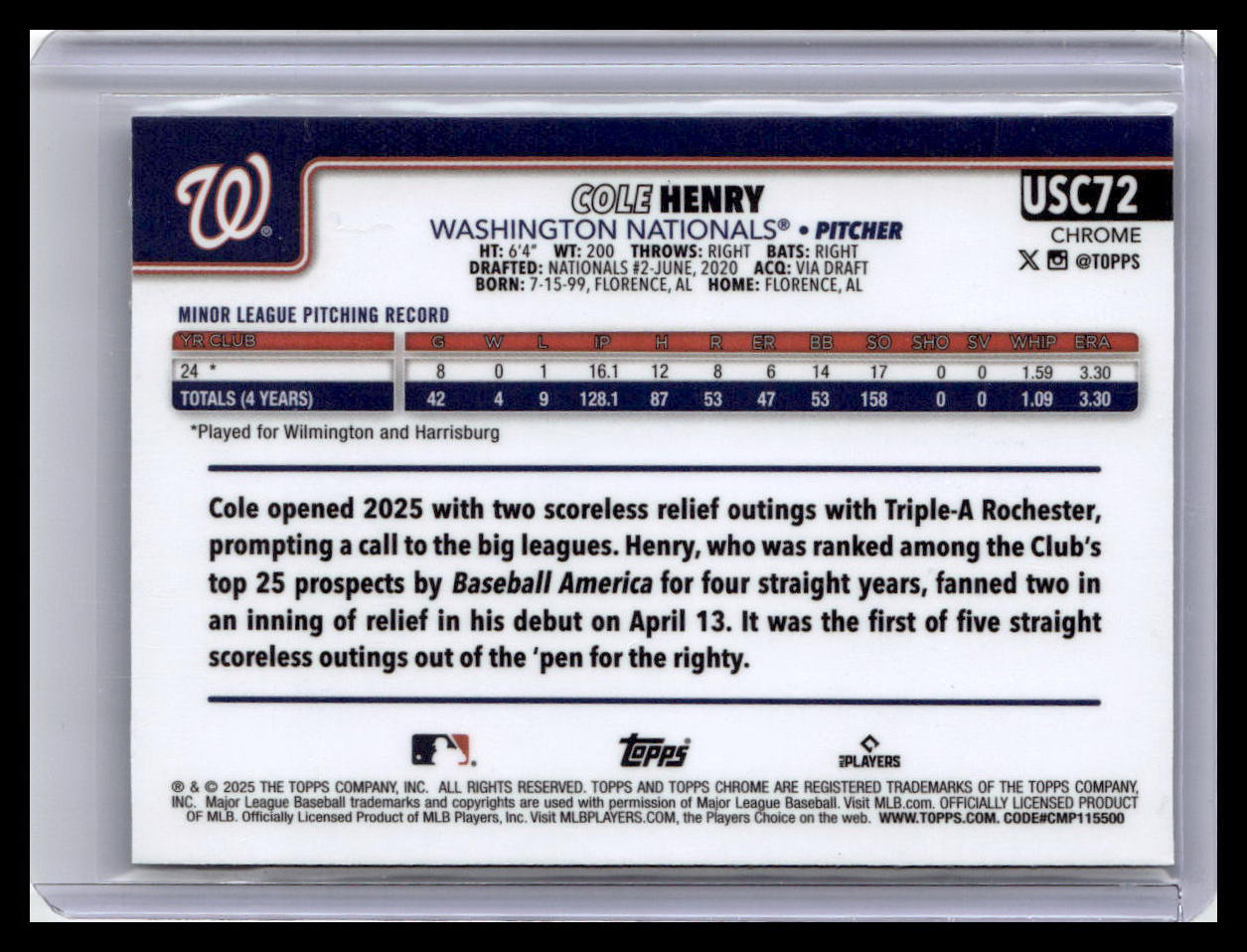 2025 Topps Chrome Update #USC72 Cole Henry