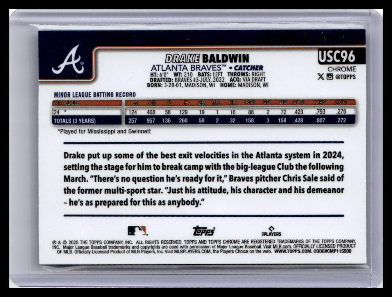 2025 Topps Chrome Update #USC96 Drake Baldwin Green RayWave Refractor 38/99 1