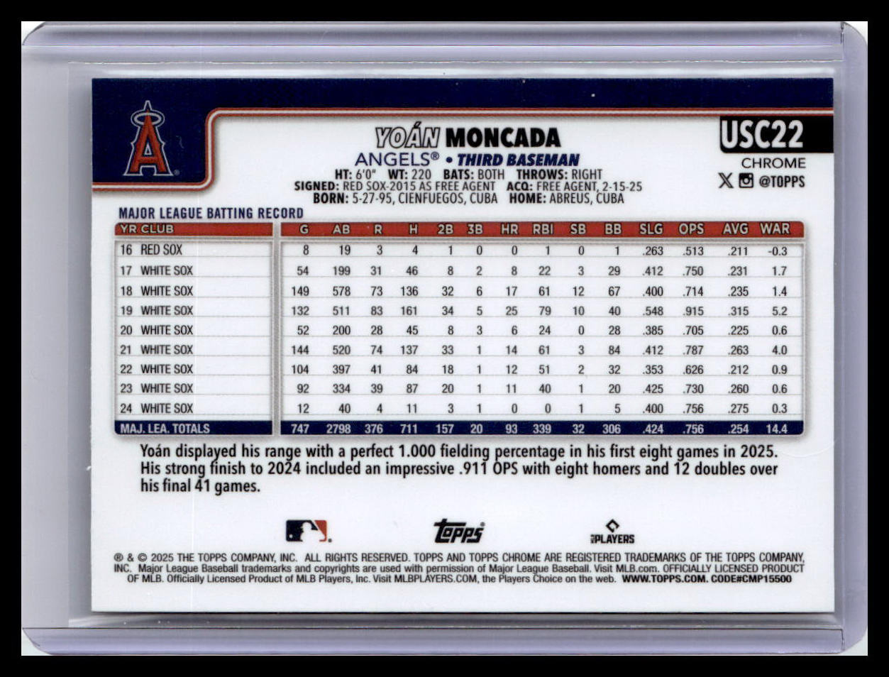 2025 Topps Chrome Update #USC22 Yoán Moncada RayWave Refractor