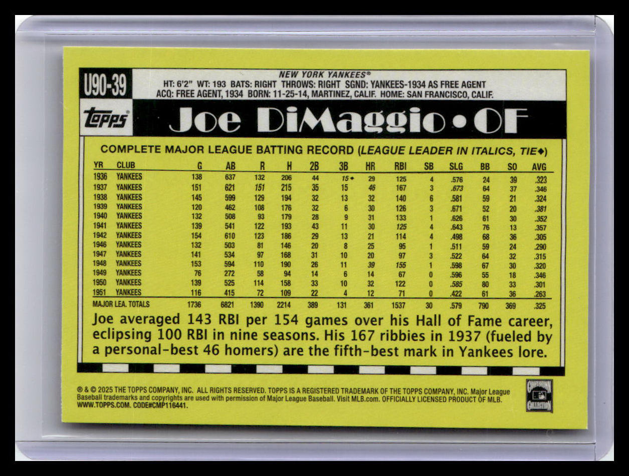 2025 Topps Update #U90-39 Joe DiMaggio 1990 Topps Baseball 35th Anniversary