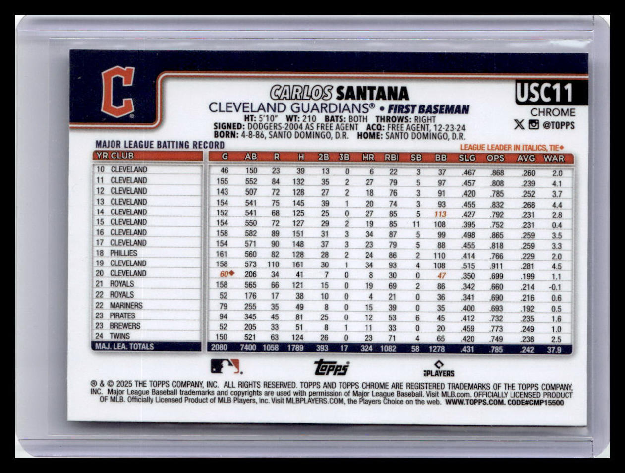 2025 Topps Chrome Update #USC11 Carlos Santana Sepia Refractors