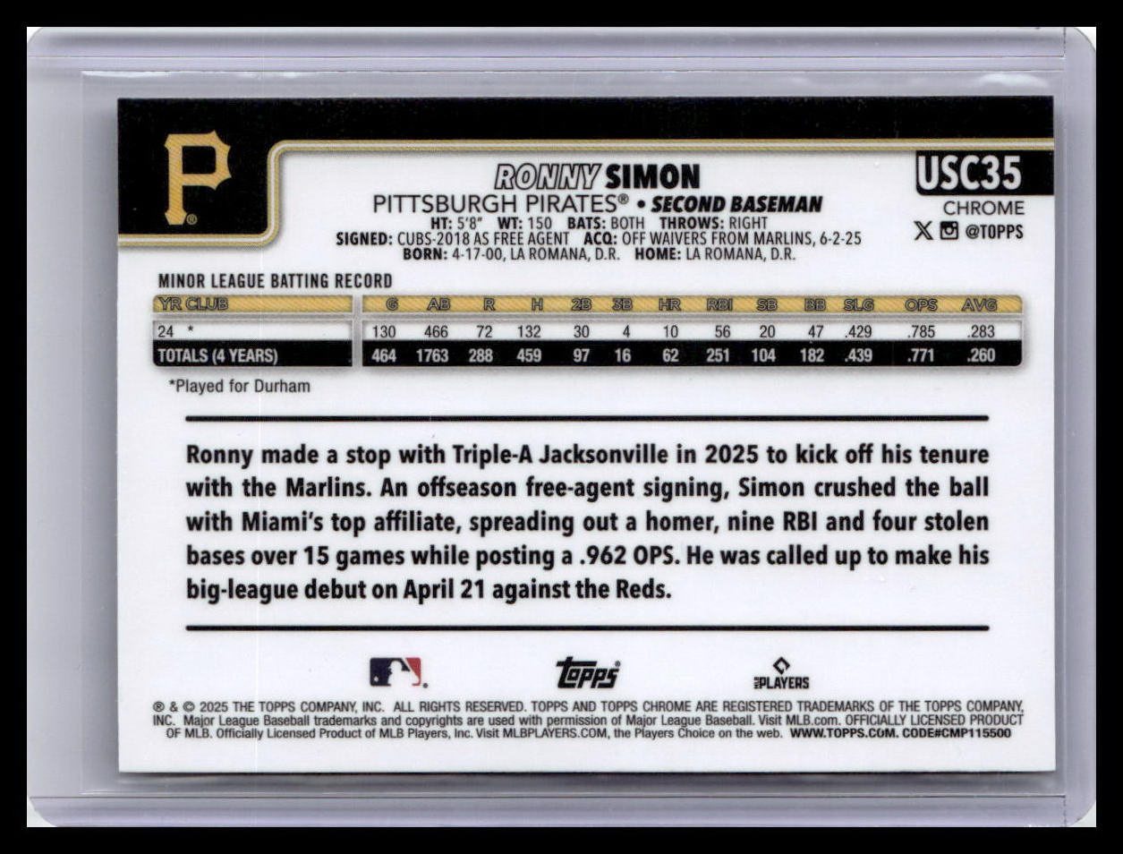 2025 Topps Chrome Update #USC35 Ronny Simon Sepia Refractors