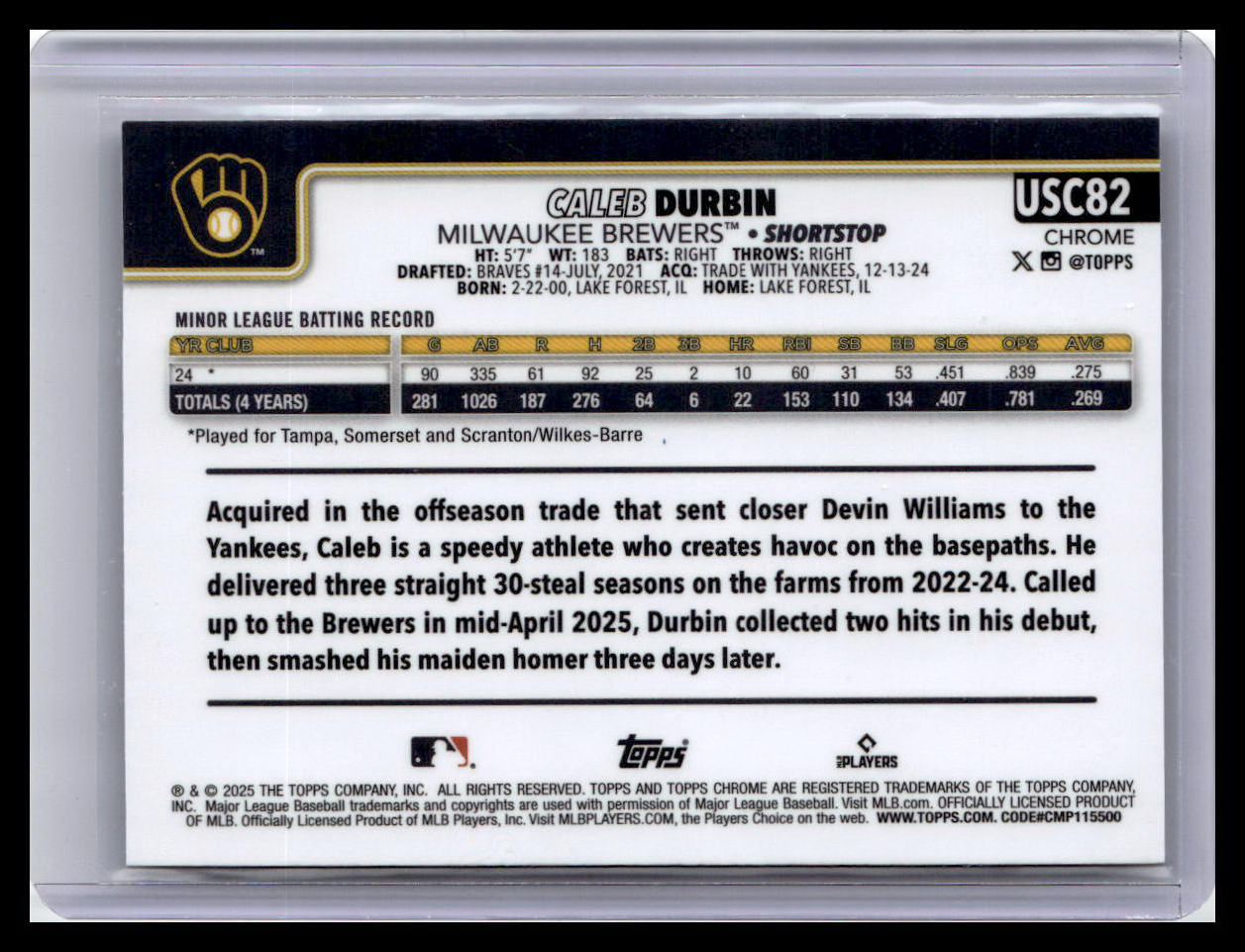 2025 Topps Chrome Update #USC82 Caleb Durbin Sepia Refractors