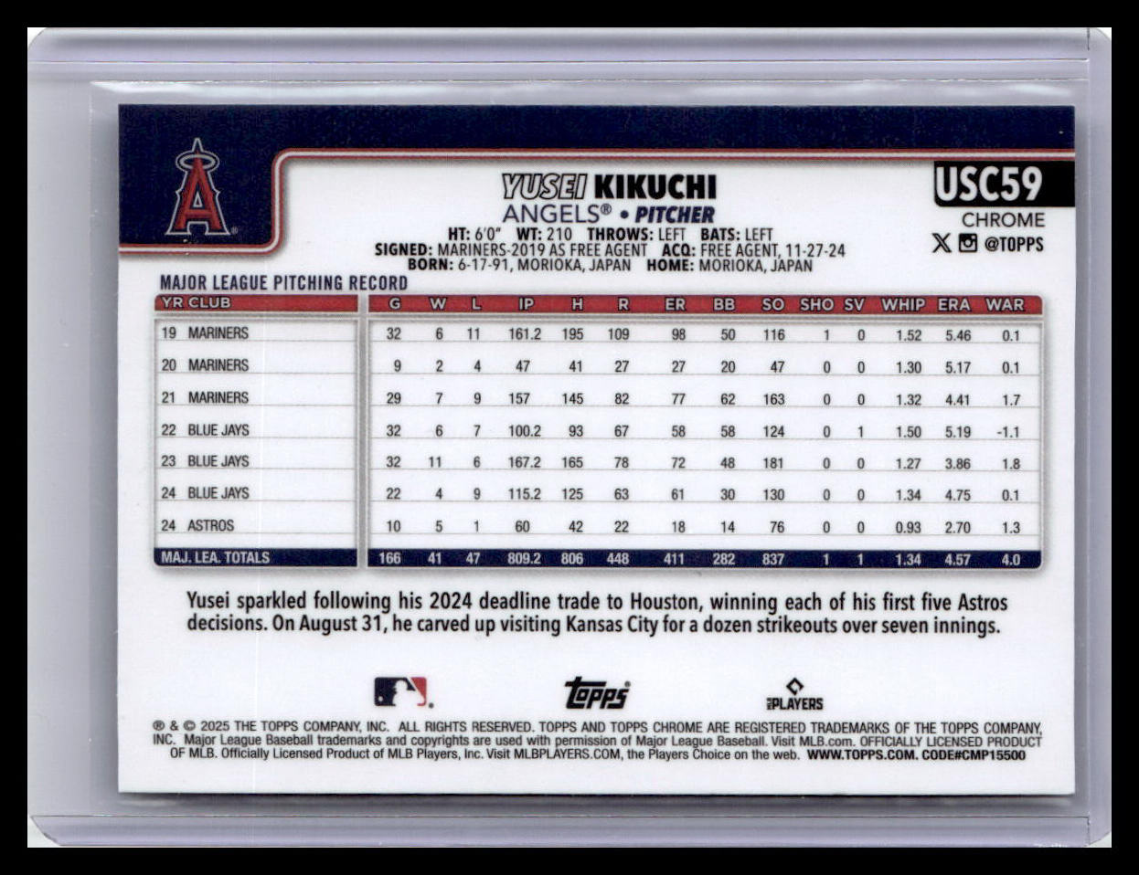 2025 Topps Chrome Update #USC59 Yusei Kikuchi Sepia Refractors
