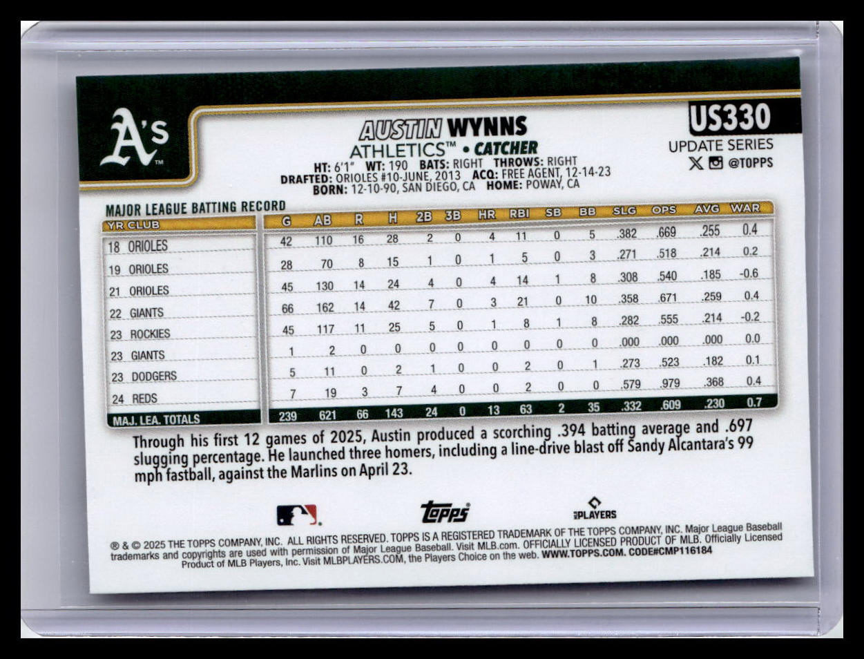 2025 Topps Update #US330 Austin Wynns