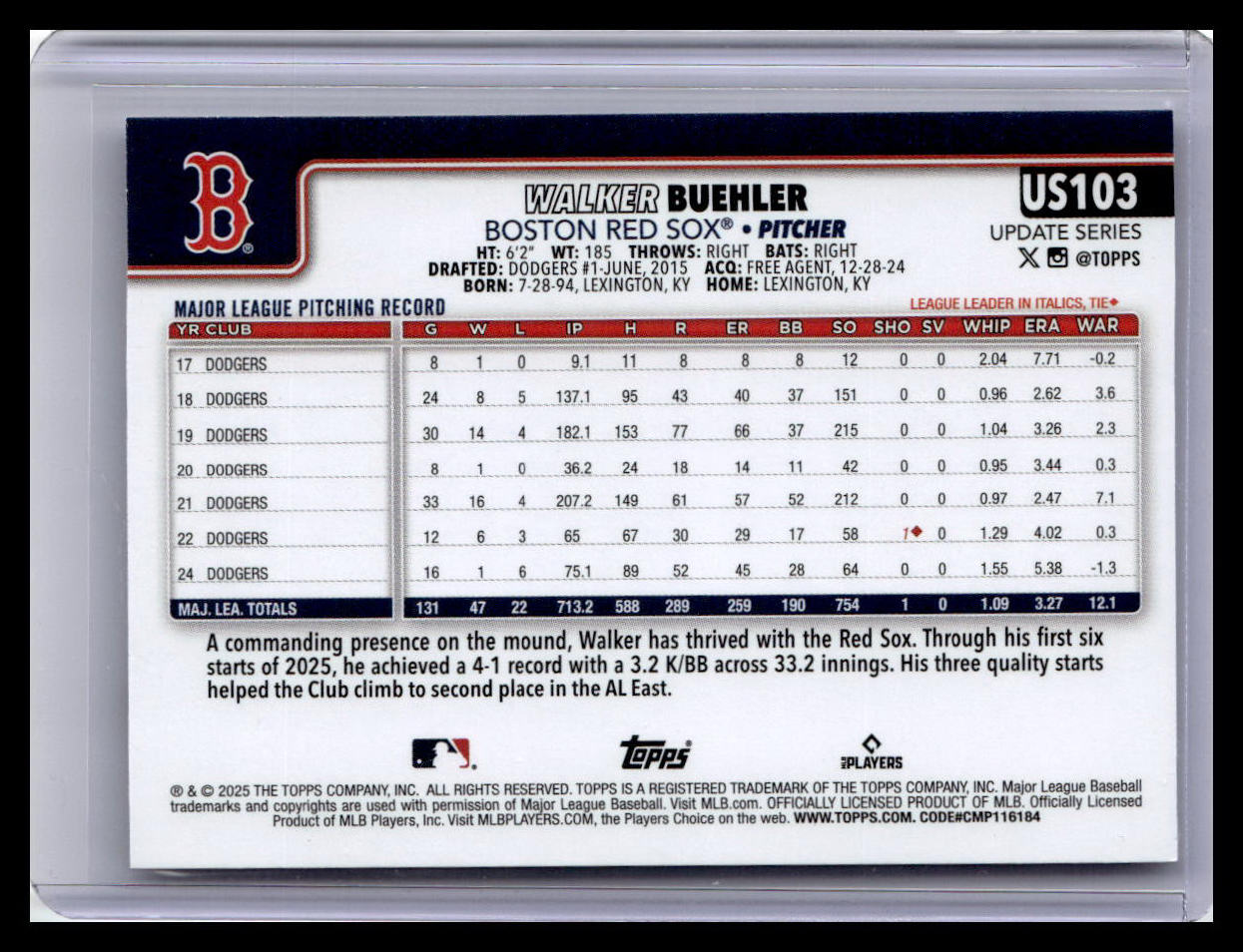 2025 Topps Update #US103 Walker Buehler