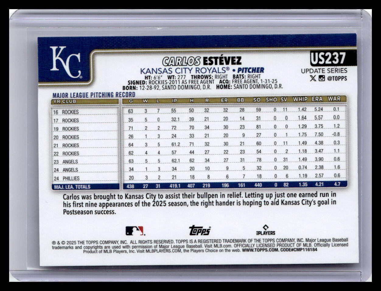 2025 Topps Update #US237 Carlos Estévez