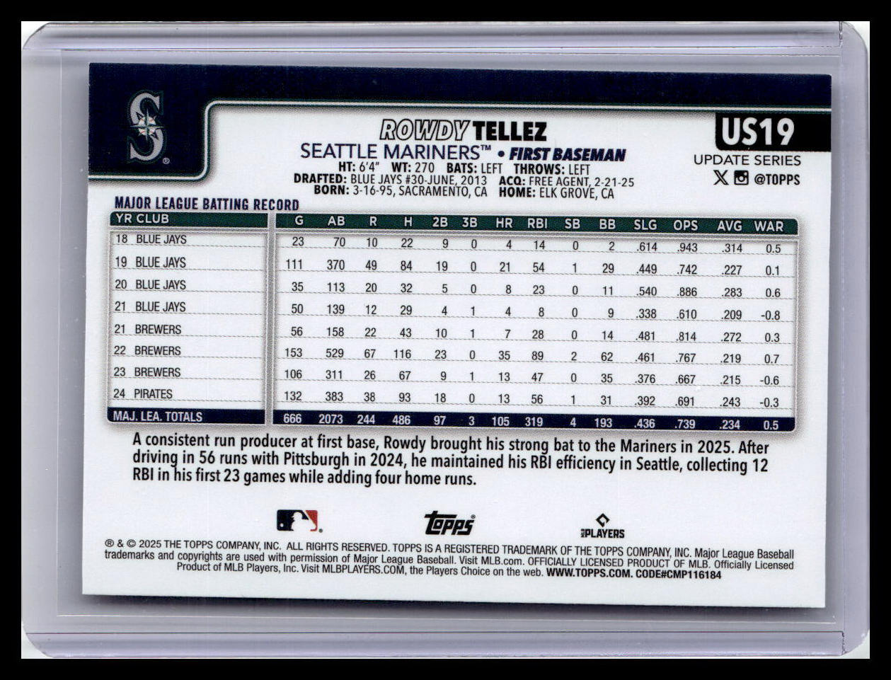 2025 Topps Update #US19 Rowdy Tellez