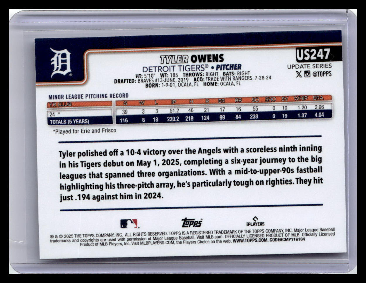 2025 Topps Update #US247 Tyler Owens