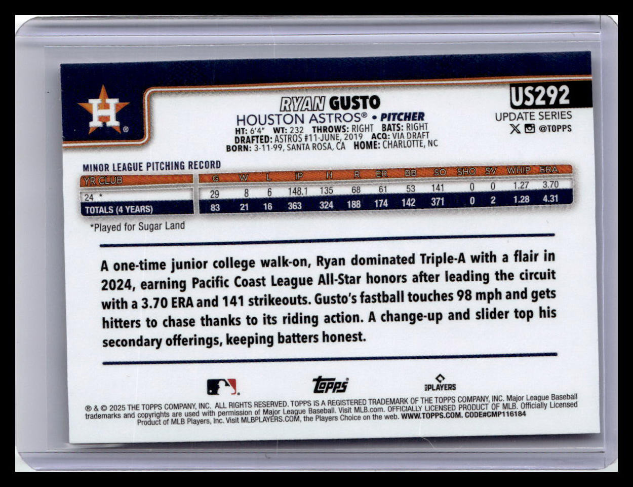 2025 Topps Update #US292 Ryan Gusto