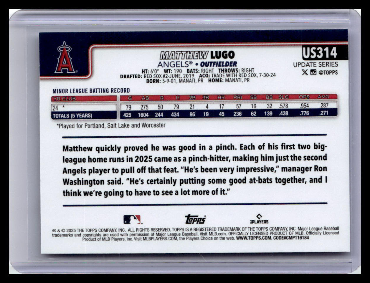 2025 Topps Update #US314 Matthew Lugo