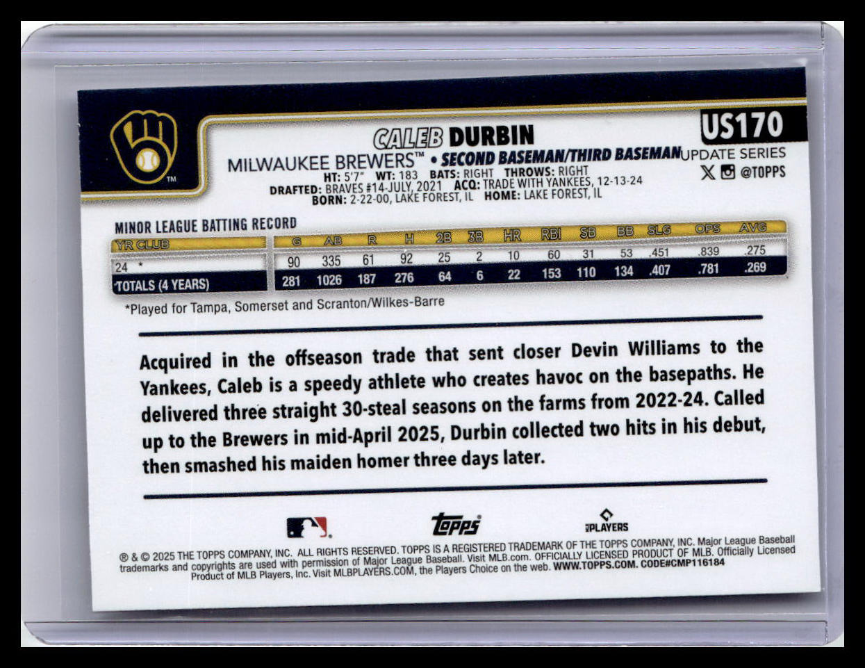 2025 Topps Update #US170 Caleb Durbin