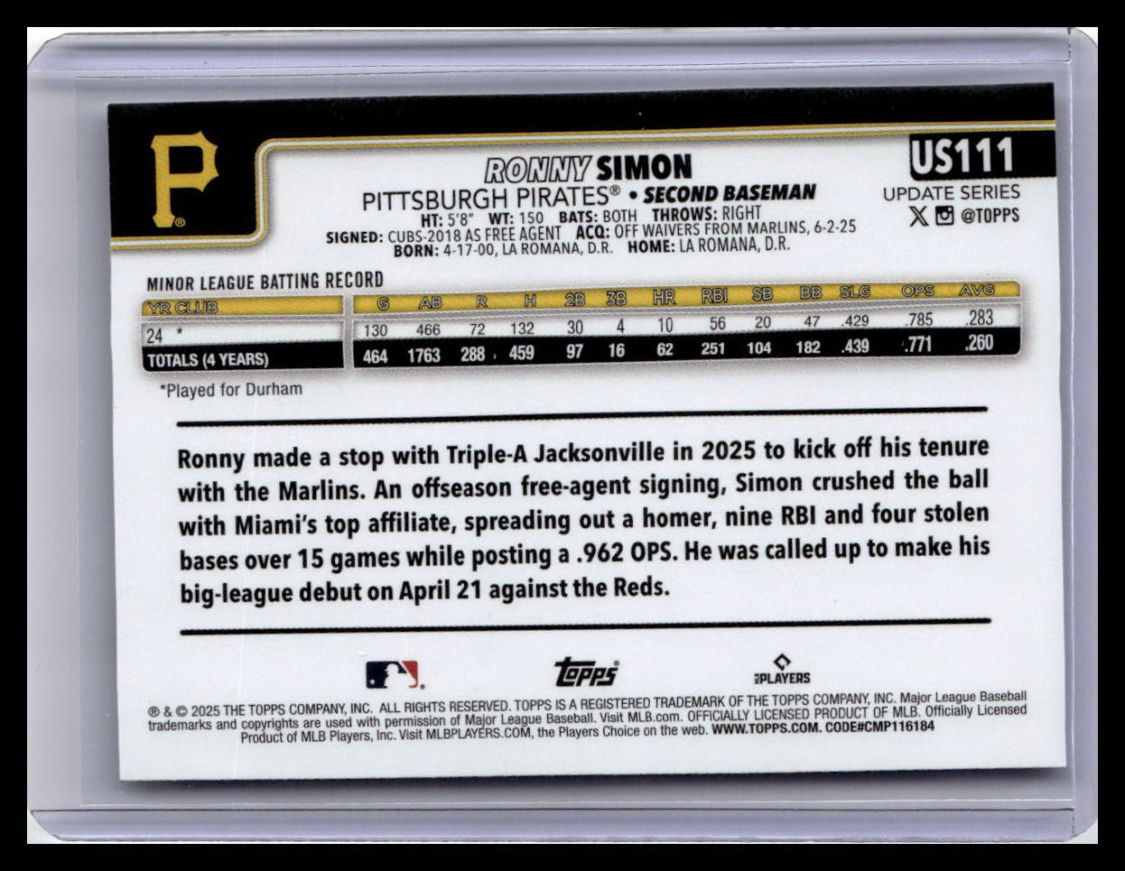 2025 Topps Update #US111 Ronny Simon