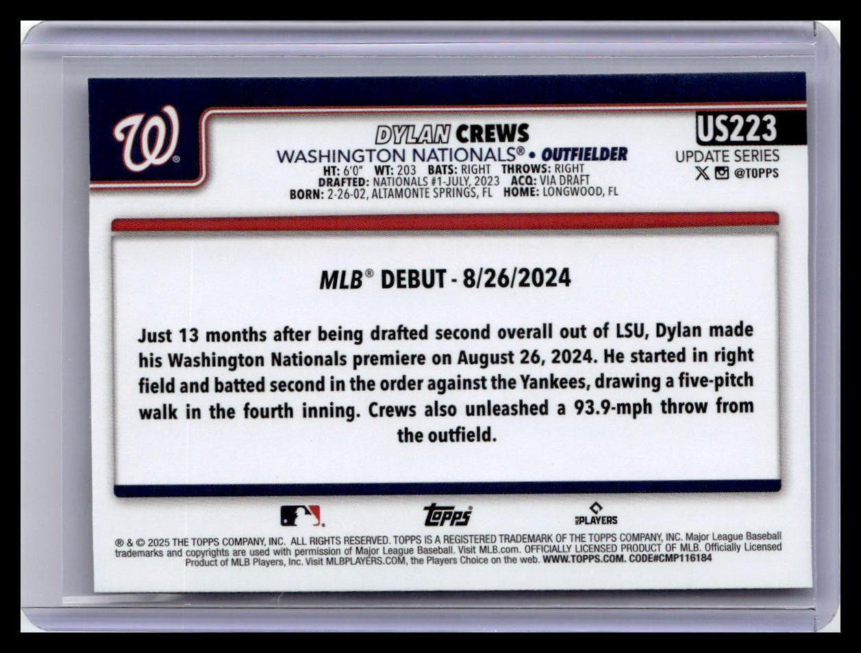2025 Topps Update #US223 Dylan Crews