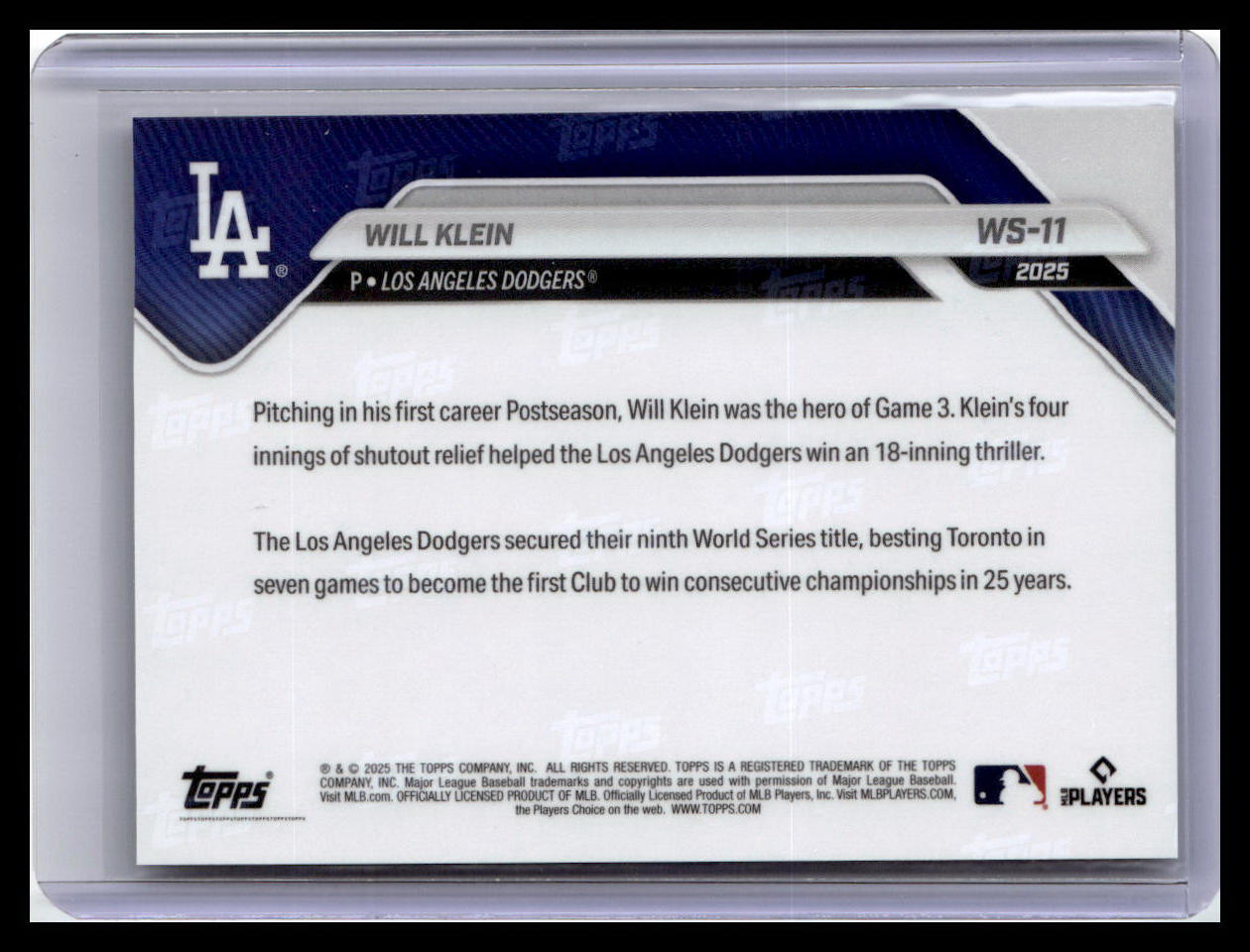 2025 Topps Now World Series Champions Los Angeles Dodgers #WS-11 Will Klein