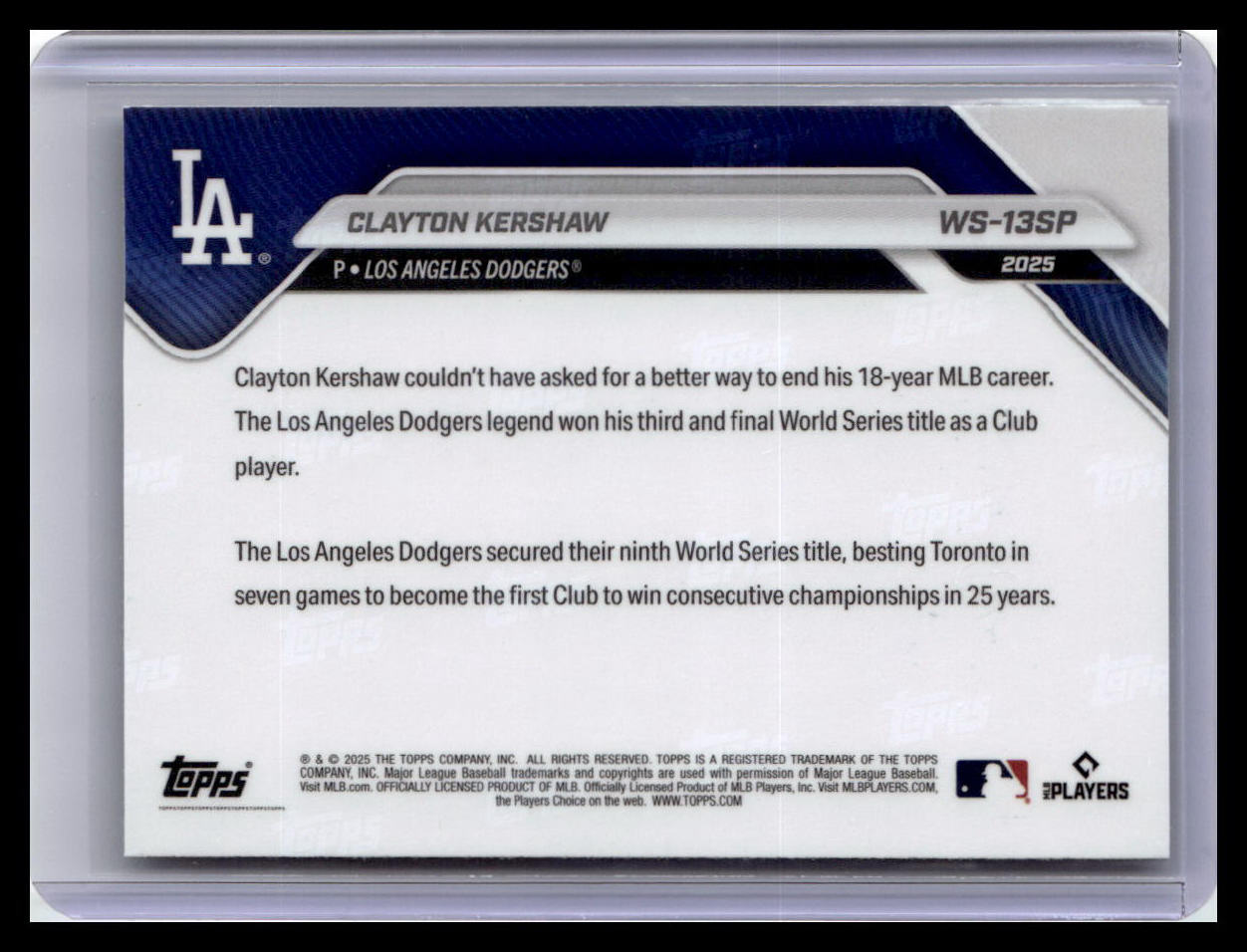 2025 Topps Now World Series Champions LA Dodgers #WS-13SP Clayton Kershaw