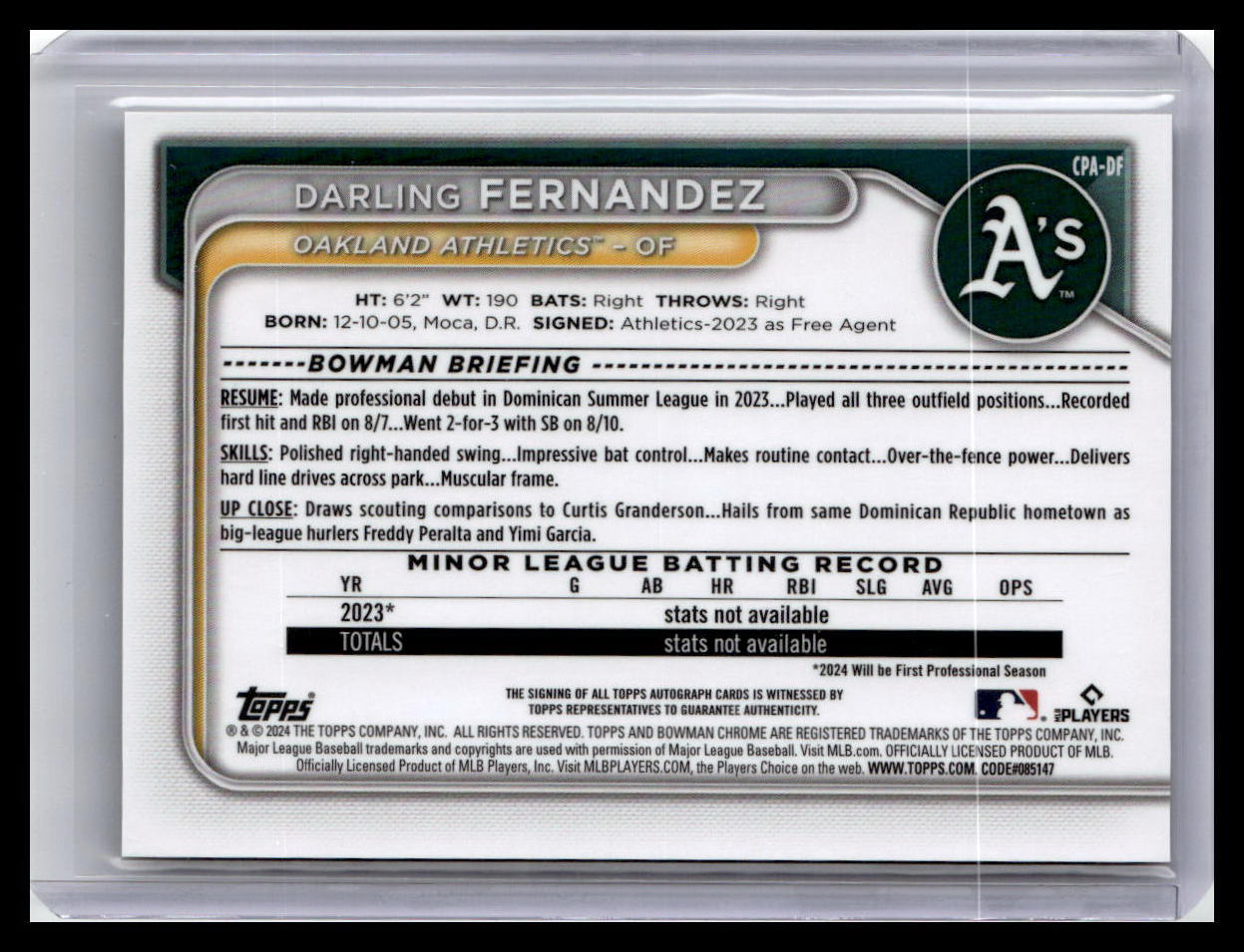2024 Bowman Chrome #CPA-DF Darling Fernandez 1st Bowman Auto Blue 118/150