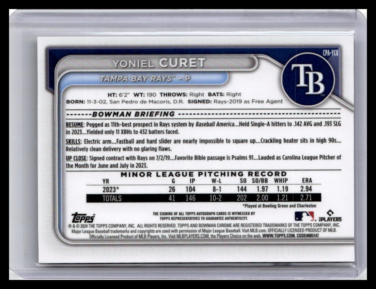 2024 Bowman Chrome #CPA-YCU Yoniel Curet Prospect Auto Purple 80/250 1
