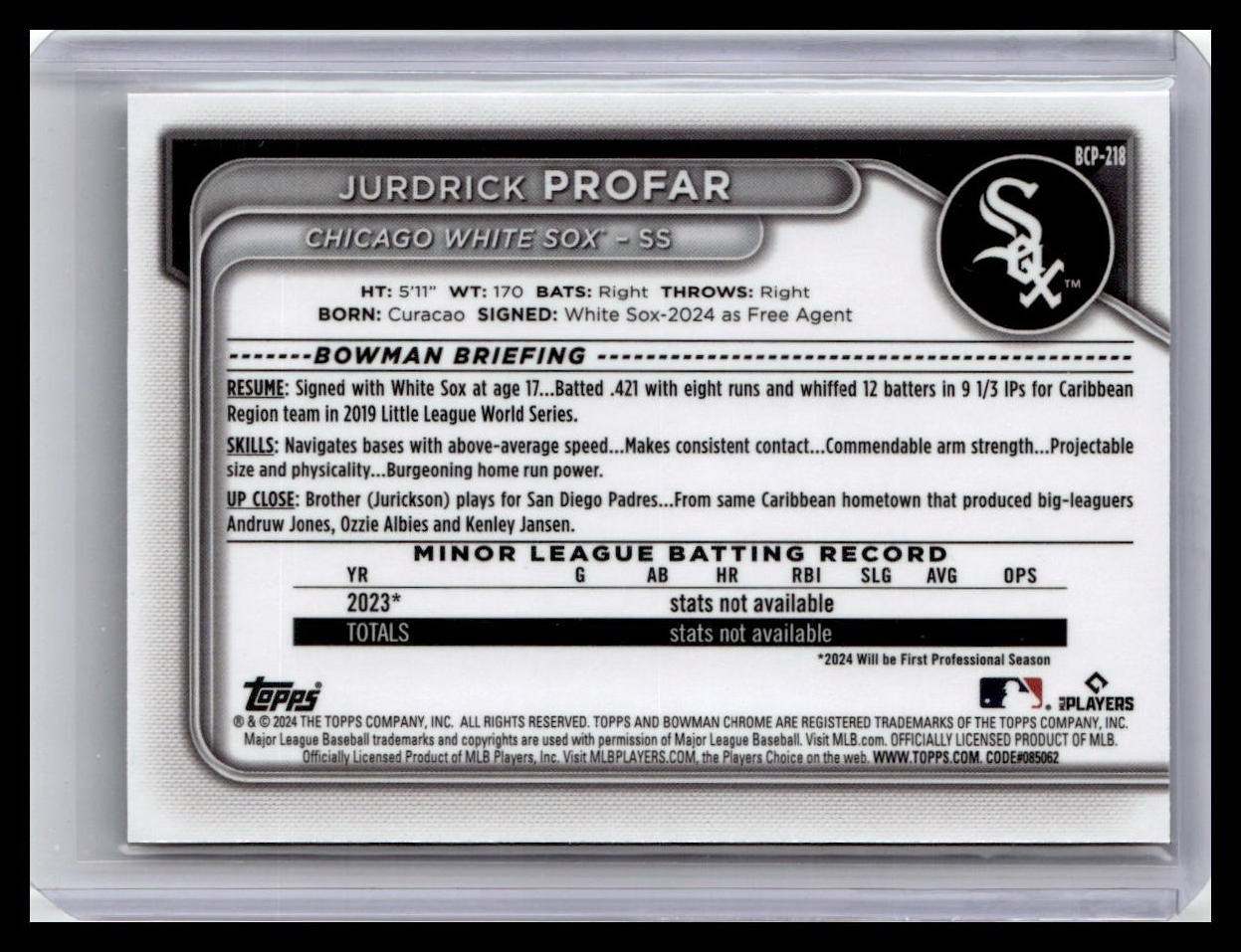 2024 Bowman Chrome #BCP-218 Jurdrick Profar Prospects Reptilian Refractors 3/25
