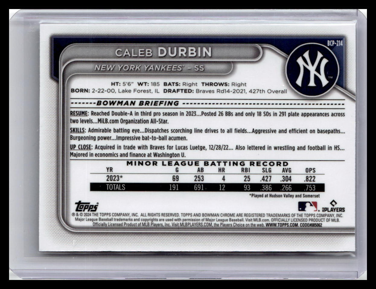 2024 Bowman Chrome #BCP-214 Caleb Durbin Prospects Reptilian Green 95/99