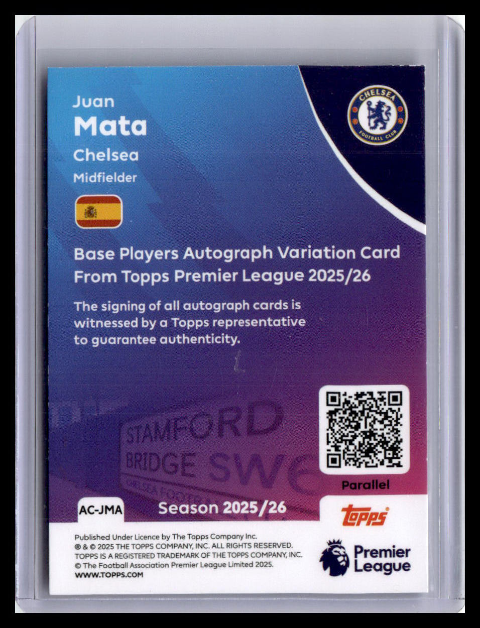 2025-26 Topps Premier League #AC-JMA Juan Mata Autographs Blue Rainbow #/150