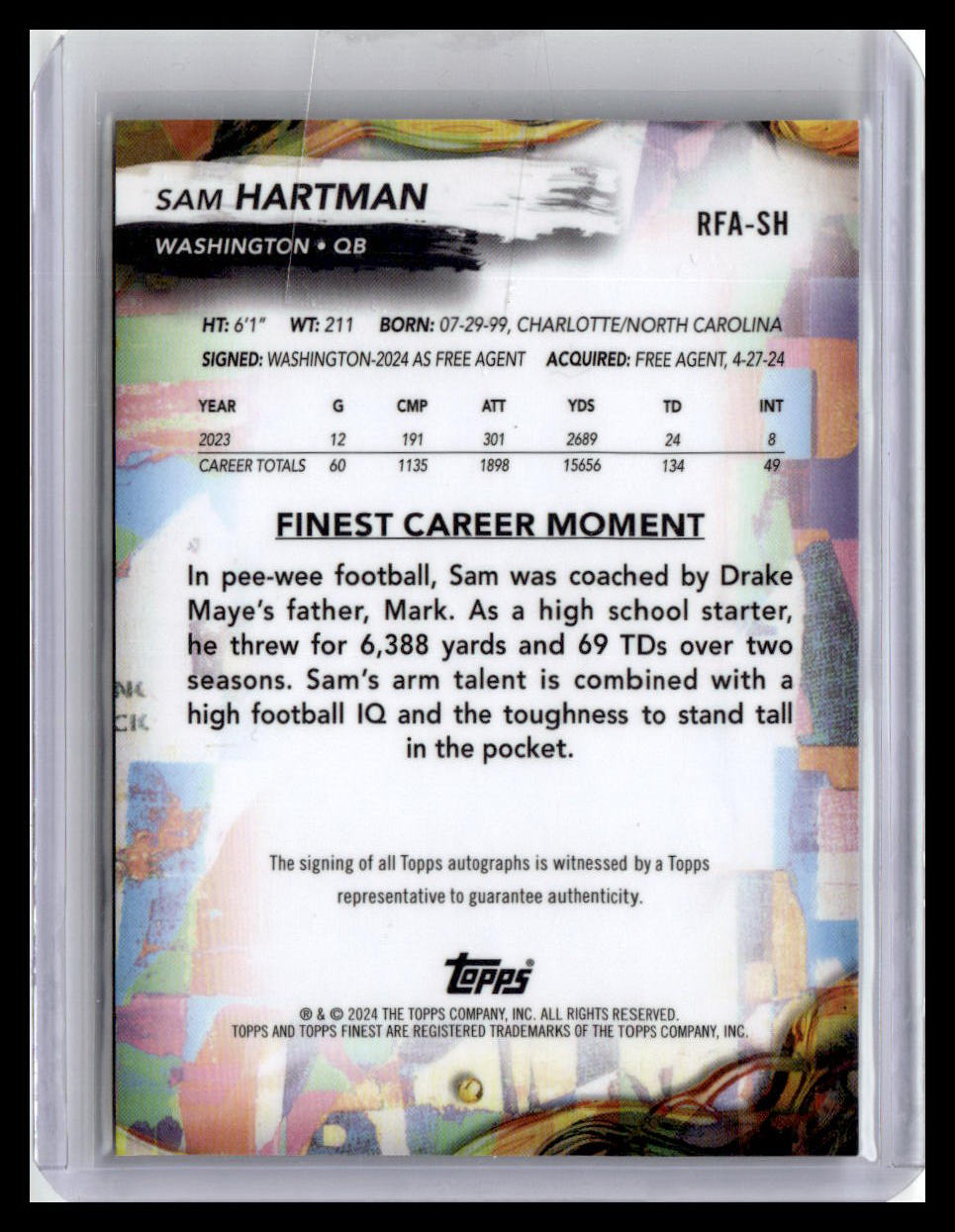 2024 Finest #RFA-SH Sam Hartman Rookie Finest Autographs Black Refractor #/25