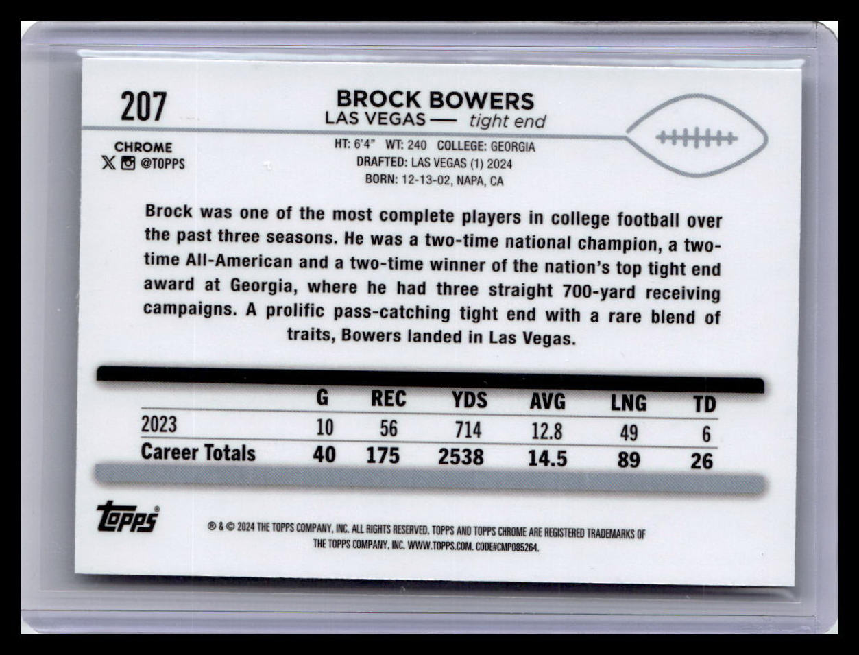 2024 Topps Chrome #207 Brock Bowers Aqua Sonar Refractor #/199