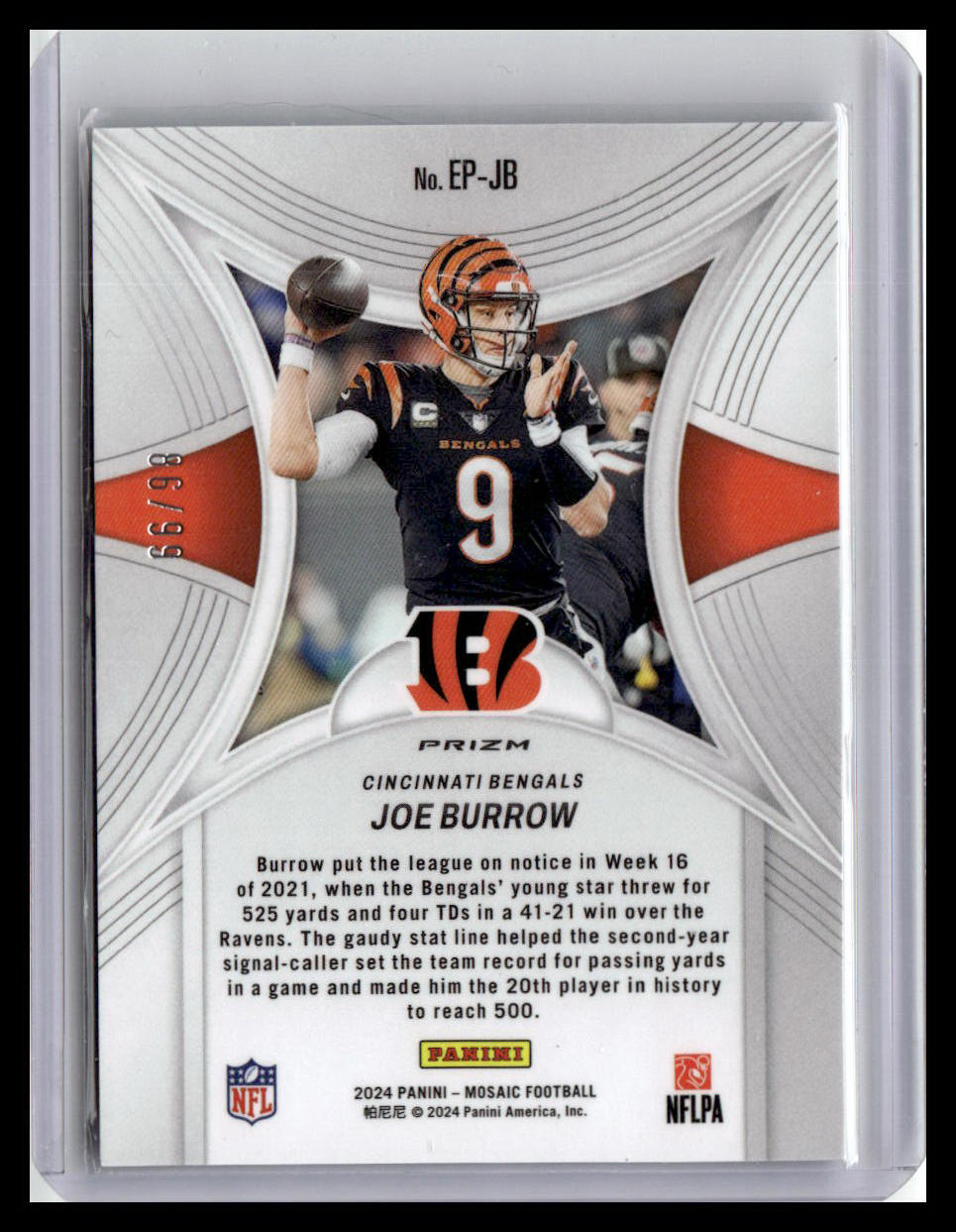 2024 Panini Mosaic #EP-JB Joe Burrow Epic Performers Mosaic Reactive Blue #/99