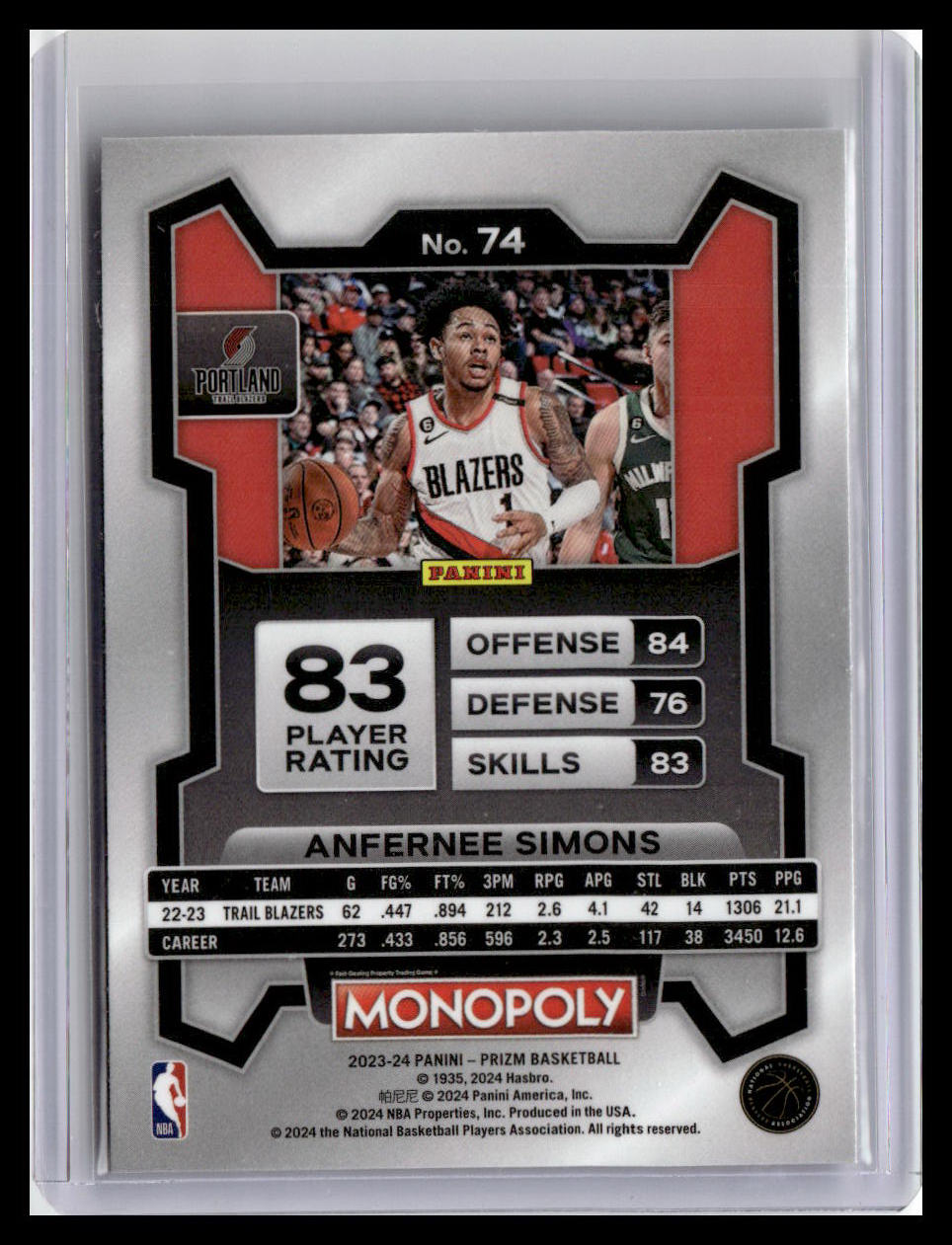 2023-24 Panini Prizm Monopoly #74 Anfernee Simons