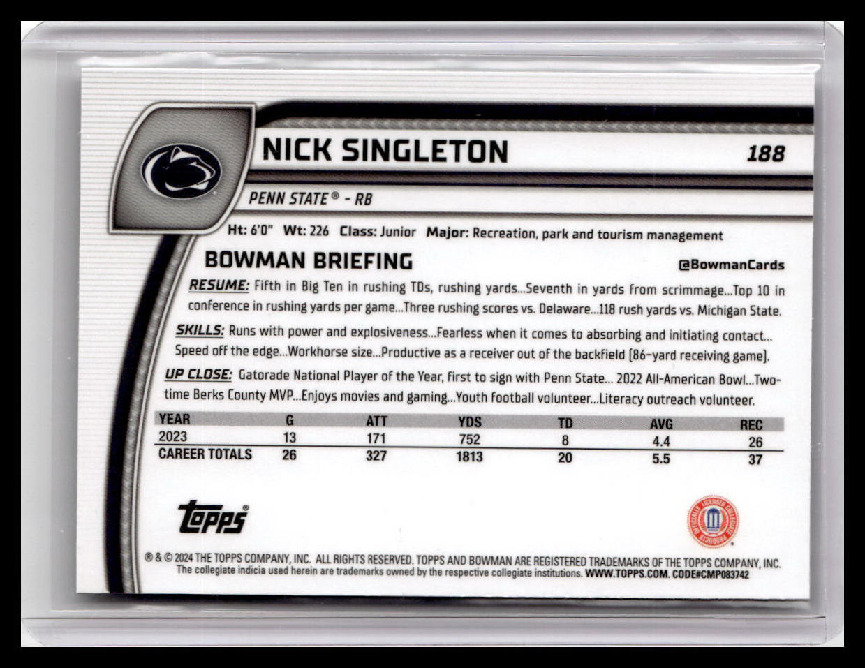 2024 Bowman University Chrome #188 Nick Singleton