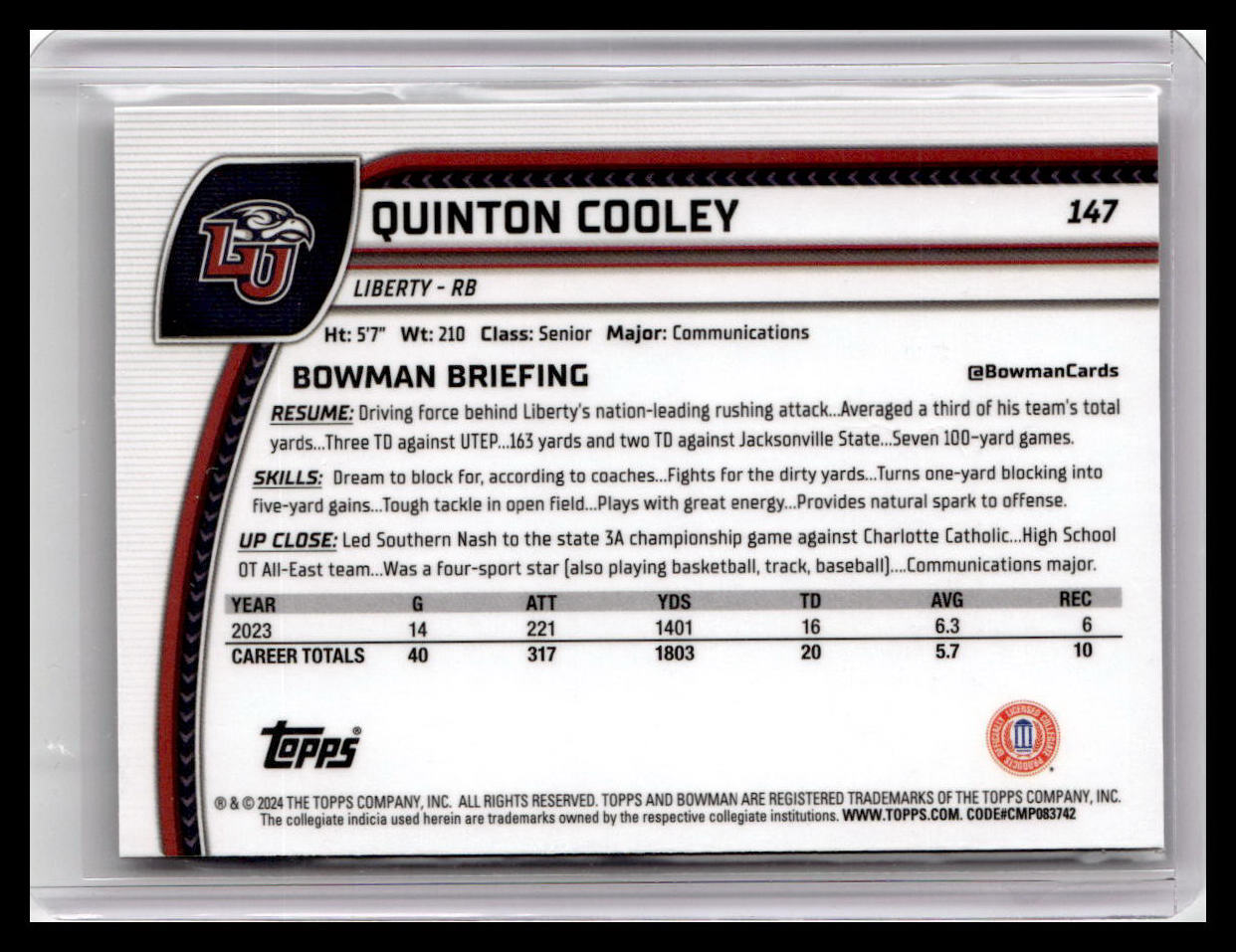 2024 Bowman University Chrome #147 Quinton Cooley