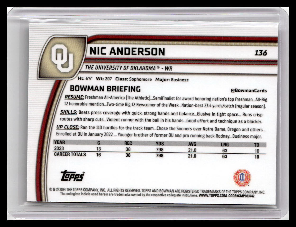 2024 Bowman University Chrome #136 Nic Anderson