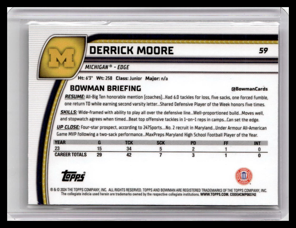 2024 Bowman University Chrome #59 Derrick Moore