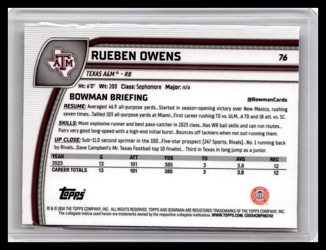 2024 Bowman University Chrome #76 Rueben Owens
