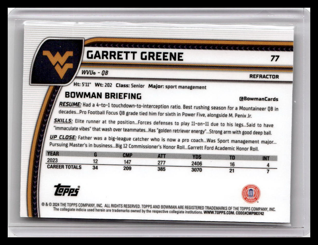 2024 Bowman University Chrome #77 Garrett Greene